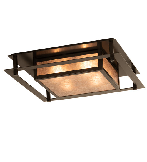 Meyda Lighting Quezon 24"Sq 4-Light Timeless Bronze Flush Mount Light With Silver Mica Shade Glass