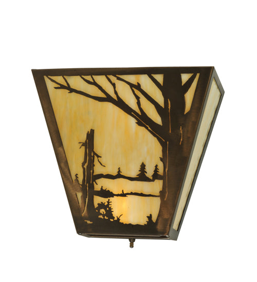 Meyda Lighting Quiet Pond 13" 2-Light Antique Copper Right Wall Sconce With Beige Art Shade Glass