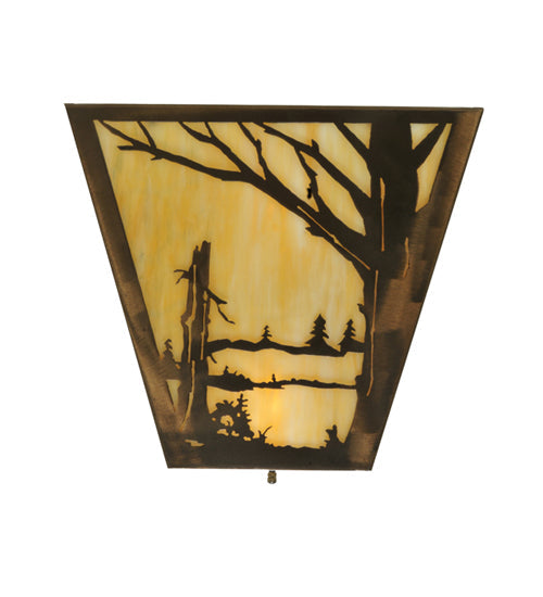 Meyda Lighting Quiet Pond 13" 2-Light Antique Copper Right Wall Sconce With Beige Art Shade Glass