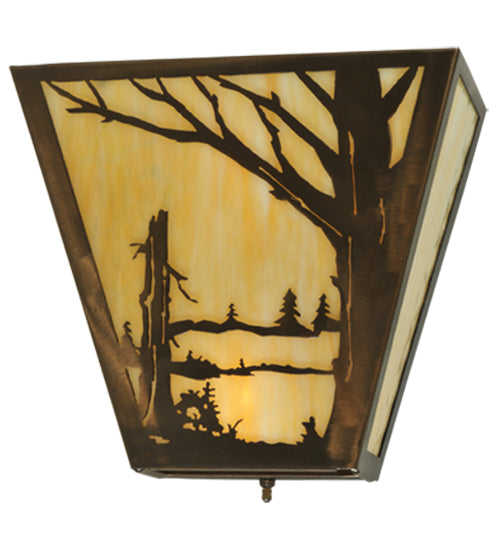 Meyda Lighting Quiet Pond 13" 2-Light Antique Copper Right Wall Sconce With Beige Art Shade Glass
