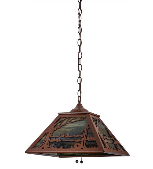 Meyda Lighting Quiet Pond 23" 2-Light Rust Pendant Light With Green & Brown Shade Glass