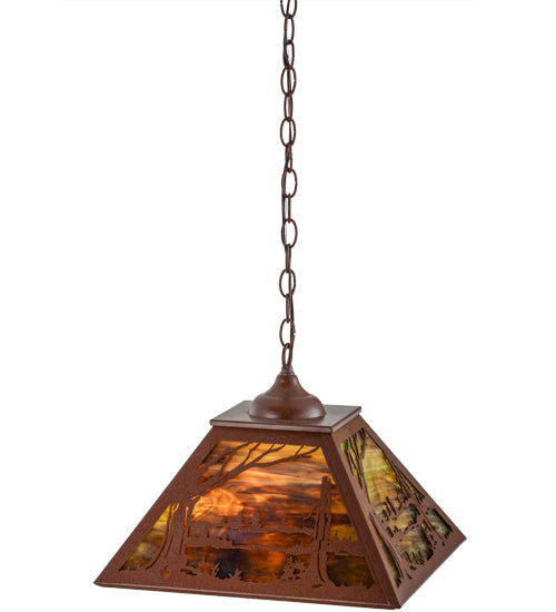 Meyda Lighting Quiet Pond 23" 2-Light Rust Pendant Light With Green & Brown Shade Glass