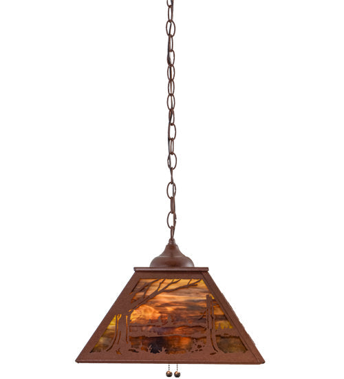 Meyda Lighting Quiet Pond 23" 2-Light Rust Pendant Light With Green & Brown Shade Glass