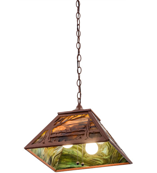 Meyda Lighting Quiet Pond 23" 2-Light Rust Pendant Light With Green & Brown Shade Glass