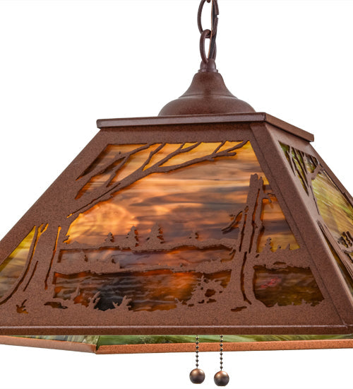 Meyda Lighting Quiet Pond 23" 2-Light Rust Pendant Light With Green & Brown Shade Glass