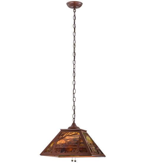 Meyda Lighting Quiet Pond 23" 2-Light Rust Pendant Light With Green & Brown Shade Glass