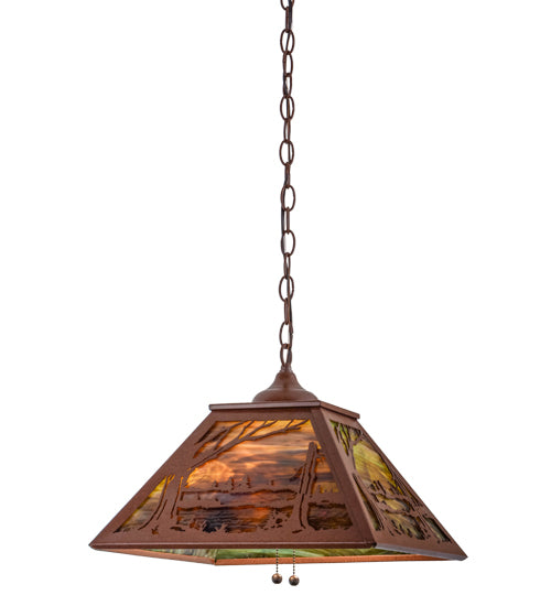Meyda Lighting Quiet Pond 23" 2-Light Rust Pendant Light With Green & Brown Shade Glass