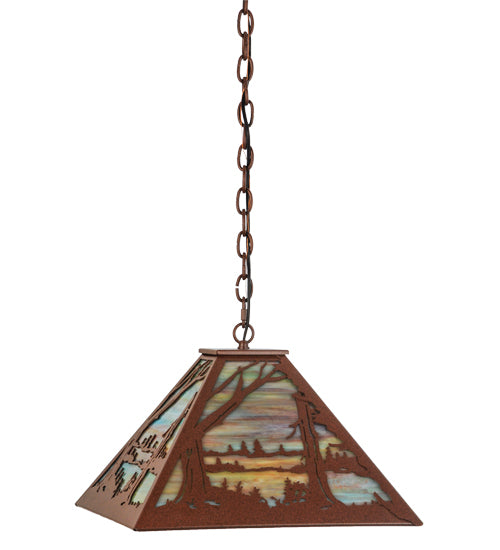 Meyda Lighting Quiet Pond 25" 3-Light Rust Pendant Light With Jade Purple Art Shade Glass