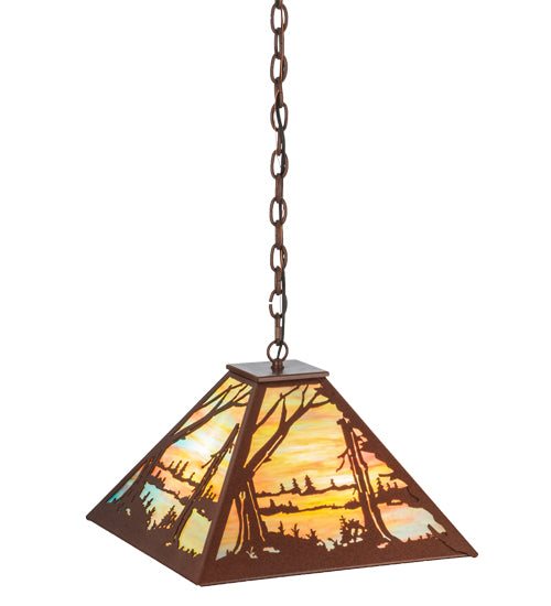 Meyda Lighting Quiet Pond 25" 3-Light Rust Pendant Light With Jade Purple Art Shade Glass