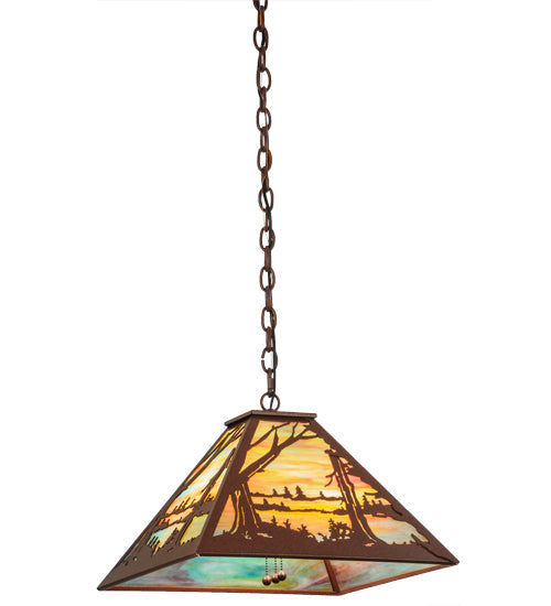 Meyda Lighting Quiet Pond 25" 3-Light Rust Pendant Light With Jade Purple Art Shade Glass