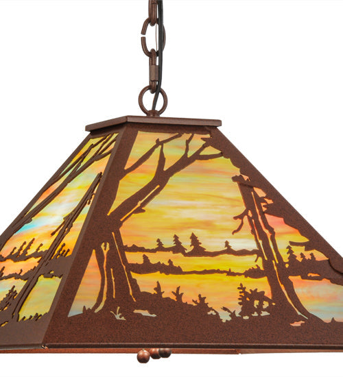 Meyda Lighting Quiet Pond 25" 3-Light Rust Pendant Light With Jade Purple Art Shade Glass