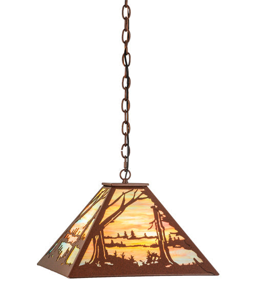 Meyda Lighting Quiet Pond 25" 3-Light Rust Pendant Light With Jade Purple Art Shade Glass