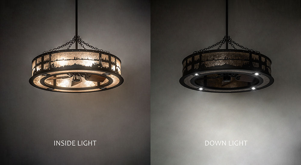 Meyda Lighting Quiet Pond 44" 8-Light Oil Rubbed Bronze Chandelier With Silver Mica Shade Glass and Fan