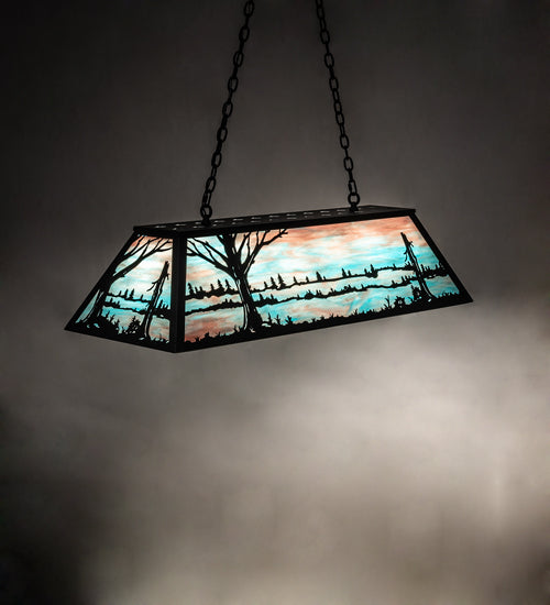 Meyda Lighting Quiet Pond 48" 9-Light Textured Black Island Pendant Light With Sky Blue & Purple Art Shade Glass