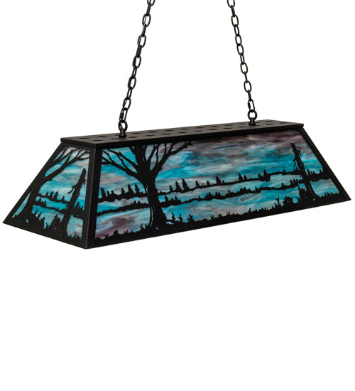 Meyda Lighting Quiet Pond 48" 9-Light Textured Black Island Pendant Light With Sky Blue & Purple Art Shade Glass