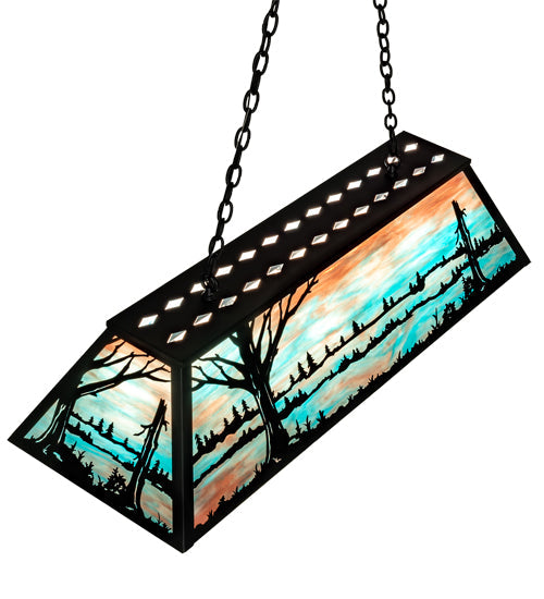 Meyda Lighting Quiet Pond 48" 9-Light Textured Black Island Pendant Light With Sky Blue & Purple Art Shade Glass