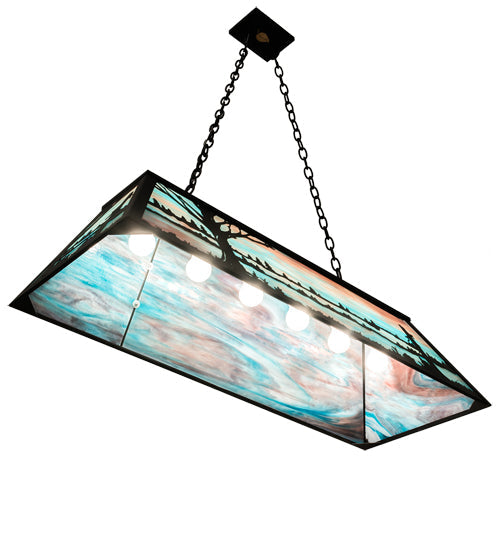 Meyda Lighting Quiet Pond 48" 9-Light Textured Black Island Pendant Light With Sky Blue & Purple Art Shade Glass