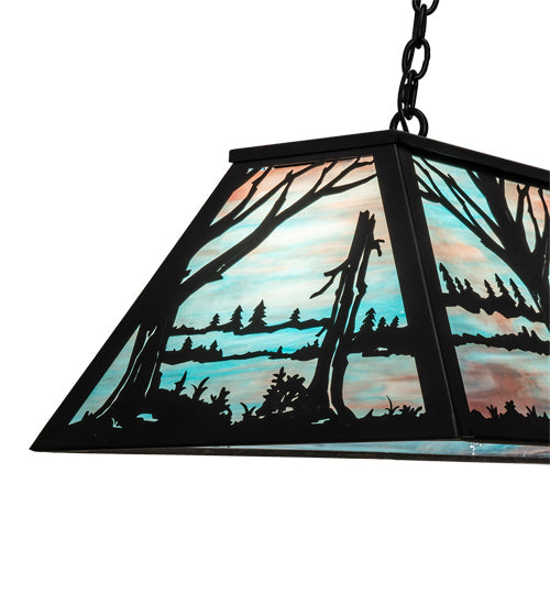 Meyda Lighting Quiet Pond 48" 9-Light Textured Black Island Pendant Light With Sky Blue & Purple Art Shade Glass