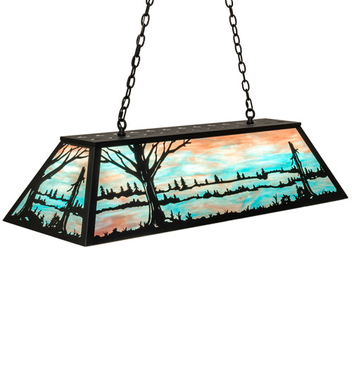Meyda Lighting Quiet Pond 48" 9-Light Textured Black Island Pendant Light With Sky Blue & Purple Art Shade Glass