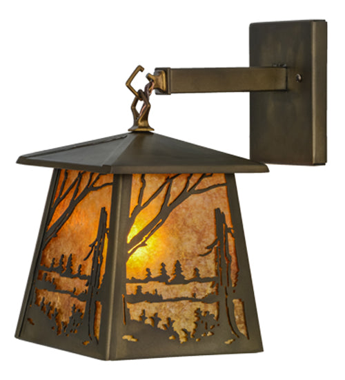 Meyda Lighting Quiet Pond 7" Antique Copper Hanging Wall Sconce With Amber Mica Shade Glass