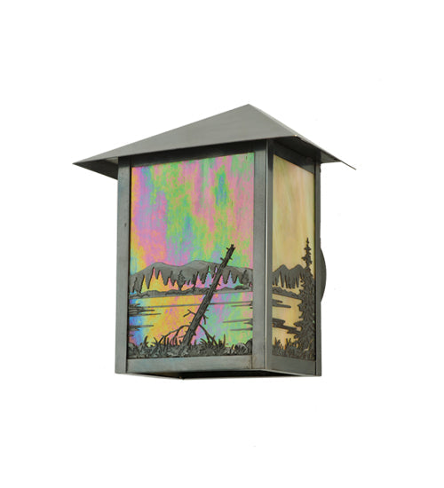Meyda Lighting Quiet Pond 9" Craftsman Brown Wall Sconce With Beige Iridescent Shade Glass