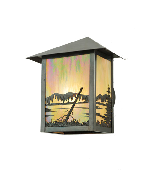 Meyda Lighting Quiet Pond 9" Craftsman Brown Wall Sconce With Beige Iridescent Shade Glass