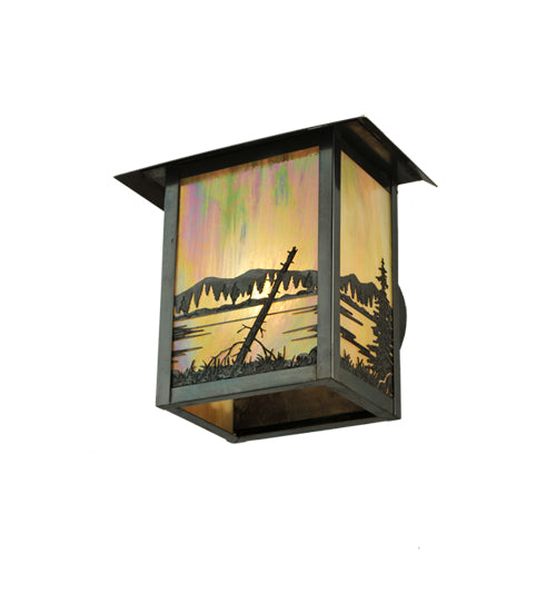Meyda Lighting Quiet Pond 9" Craftsman Brown Wall Sconce With Beige Iridescent Shade Glass
