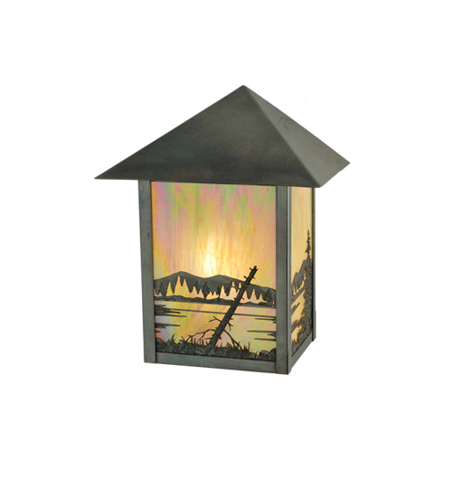 Meyda Lighting Quiet Pond 9" Craftsman Brown Wall Sconce With Beige Iridescent Shade Glass