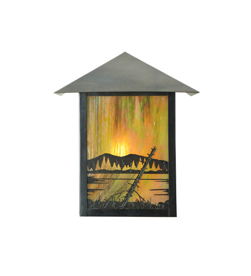Meyda Lighting Quiet Pond 9" Craftsman Brown Wall Sconce With Beige Iridescent Shade Glass