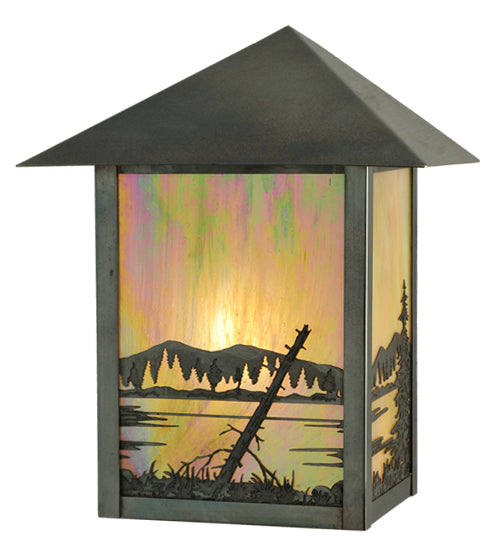 Meyda Lighting Quiet Pond 9" Craftsman Brown Wall Sconce With Beige Iridescent Shade Glass