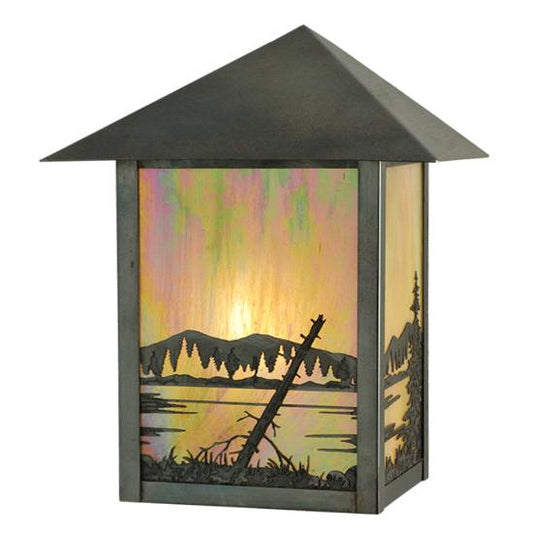 Meyda Lighting Quiet Pond 9" Craftsman Brown Wall Sconce With Beige Iridescent Shade Glass