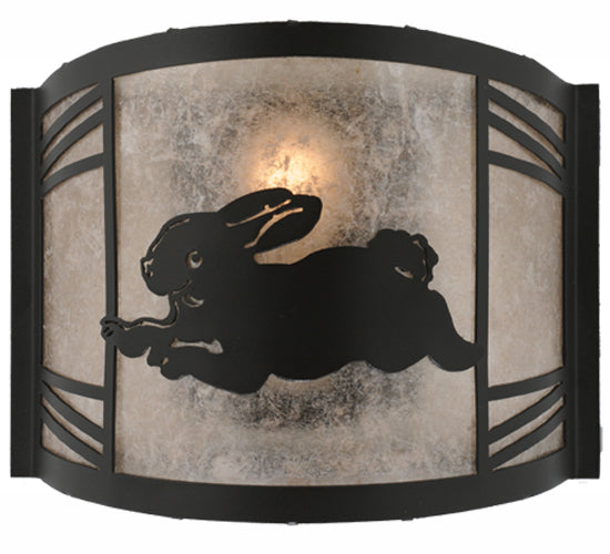 Meyda Lighting Rabbit on the Loose 12" Textured Black Left Wall Sconce With Silver Mica Shade Glass