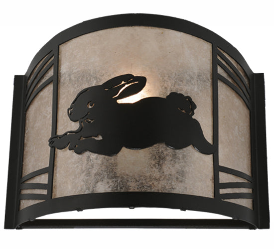 Meyda Lighting Rabbit on the Loose 12" Textured Black Left Wall Sconce With Silver Mica Shade Glass