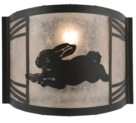 Meyda Lighting Rabbit on the Loose 12" Textured Black Left Wall Sconce With Silver Mica Shade Glass