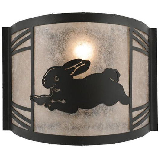 Meyda Lighting Rabbit on the Loose 12" Textured Black Left Wall Sconce With Silver Mica Shade Glass