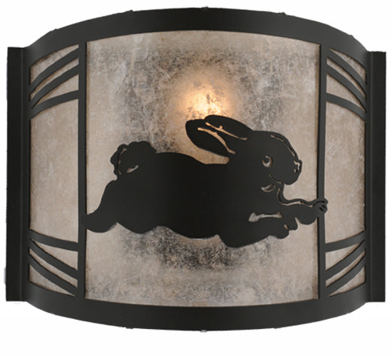 Meyda Lighting Rabbit on the Loose 12" Textured Black Right Wall Sconce With Silver Mica Shade Glass