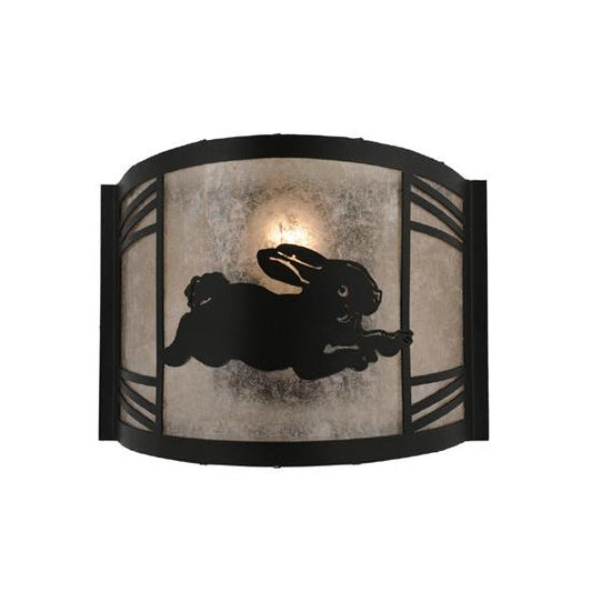 Meyda Lighting Rabbit on the Loose 12" Textured Black Right Wall Sconce With Silver Mica Shade Glass