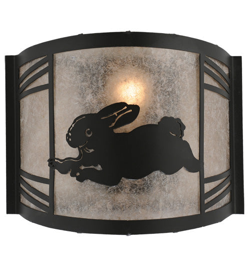 Meyda Lighting Rabbit on the Loose 243216 12" Textured Black Left Wall Sconce With Silver Mica Shade Glass