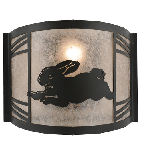 Meyda Lighting Rabbit on the Loose 243216 12" Textured Black Left Wall Sconce With Silver Mica Shade Glass