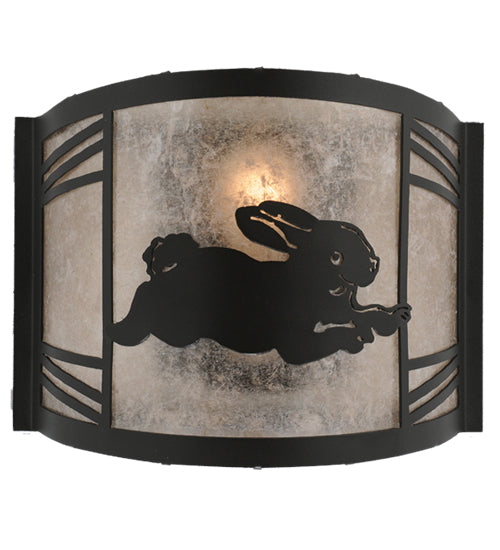 Meyda Lighting Rabbit on the Loose 243260 12" Textured Black Right Wall Sconce With Silver Mica Shade Glass