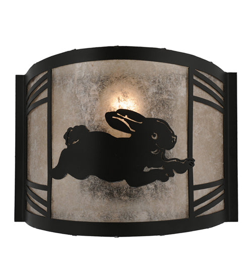 Meyda Lighting Rabbit on the Loose 243260 12" Textured Black Right Wall Sconce With Silver Mica Shade Glass