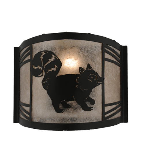 Meyda Lighting Raccoon on the Loose 12" LED Textured Black Right Wall Sconce With Silver Mica Shade Glass