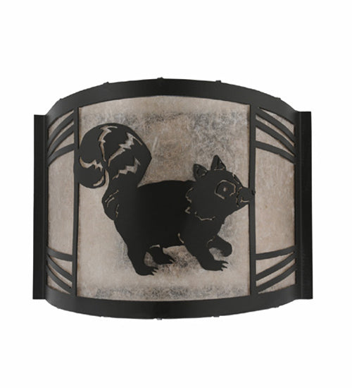 Meyda Lighting Raccoon on the Loose 12" LED Textured Black Right Wall Sconce With Silver Mica Shade Glass