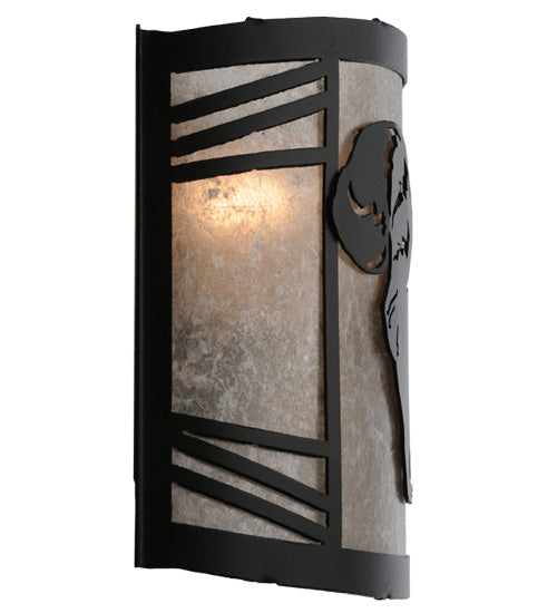 Meyda Lighting Raccoon on the Loose 12" LED Textured Black Right Wall Sconce With Silver Mica Shade Glass
