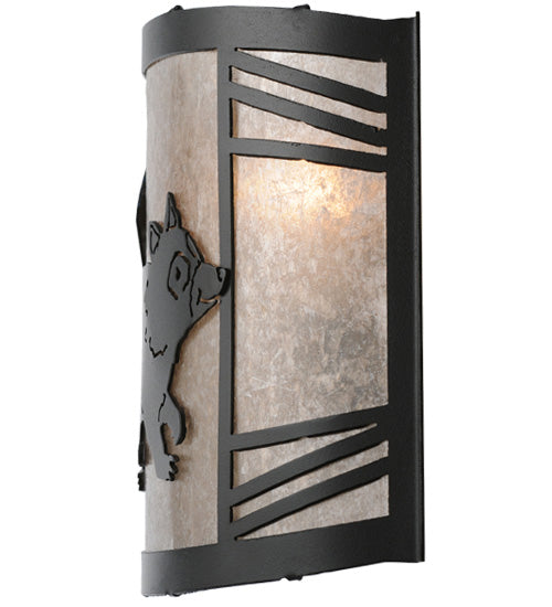 Meyda Lighting Raccoon on the Loose 12" LED Textured Black Right Wall Sconce With Silver Mica Shade Glass