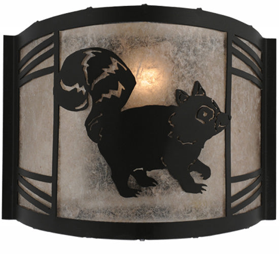 Meyda Lighting Raccoon on the Loose 12" LED Textured Black Right Wall Sconce With Silver Mica Shade Glass