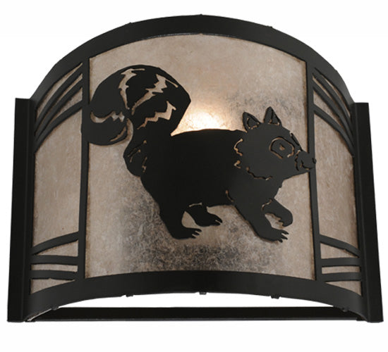 Meyda Lighting Raccoon on the Loose 12" LED Textured Black Right Wall Sconce With Silver Mica Shade Glass