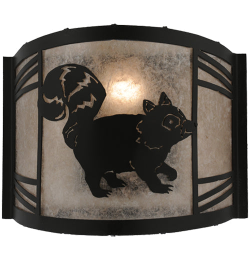 Meyda Lighting Raccoon on the Loose 12" LED Textured Black Right Wall Sconce With Silver Mica Shade Glass