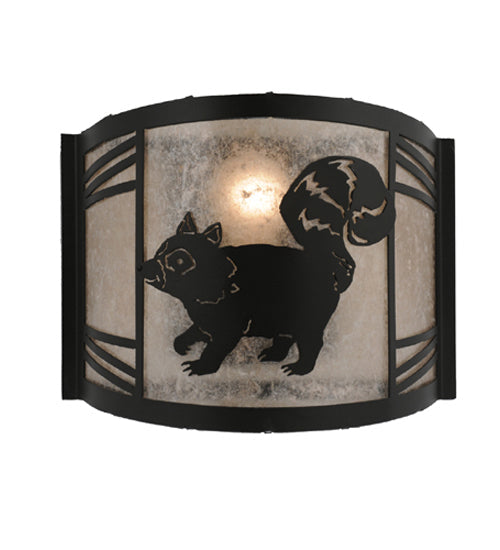 Meyda Lighting Raccoon on the Loose 12" Textured Black Left Wall Sconce With Silver Mica Shade Glass