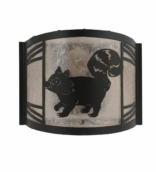 Meyda Lighting Raccoon on the Loose 12" Textured Black Left Wall Sconce With Silver Mica Shade Glass